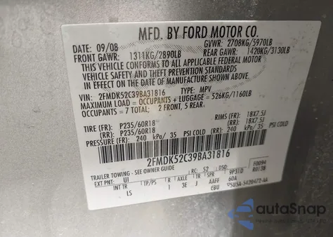 2009 Ford Flex Sel из США, поврежденный, VIN 2FMDK52C39BA31816